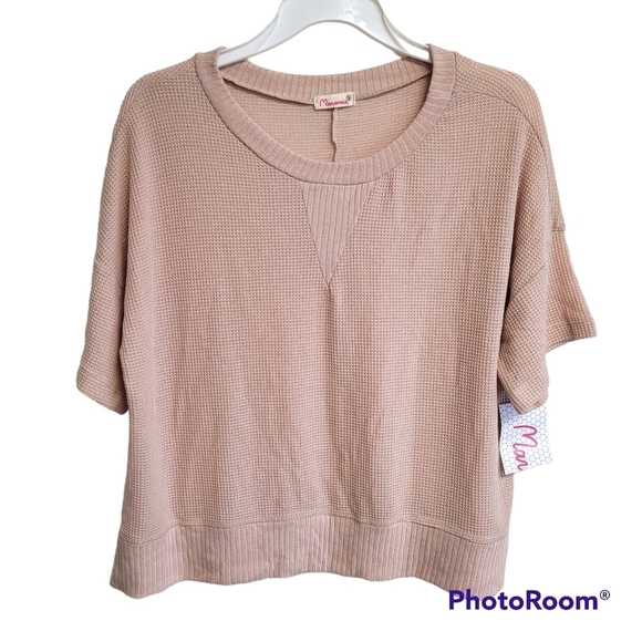 Maronie Pale Nude Waffle Knit Short Sleeve Boxy Lounge Top Size Small - Picture 1 of 7
